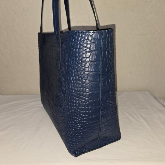 Mark and Graham Everyday Blue Italian Croc Embossed Leather Shoulder Tote Bag - Picture 6 of 13